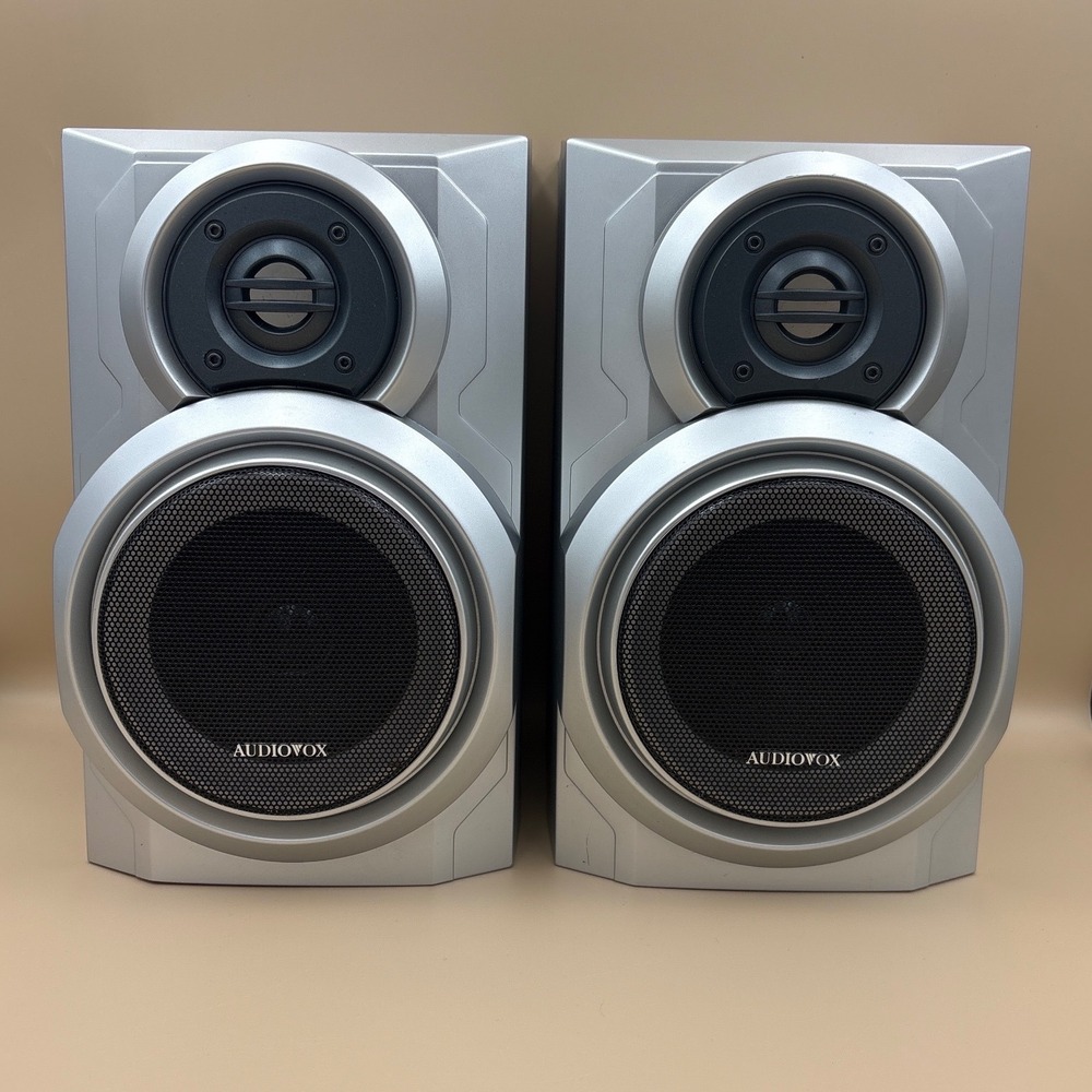 Audiovox Bookshelf Speaker Pair Silver 8 Ohm Wired Home Audio System Speakers